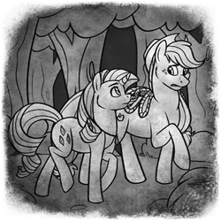 Size: 400x400 | Tagged: safe, artist:arcticwaters, imported from twibooru, applejack, rarity, earth pony, unicorn, fanfic:the enchanted library, black and white, duo, everfree forest, grayscale, image, jewelry, looking at each other, monochrome, necklace, png, raised leg, rope, walking, worried