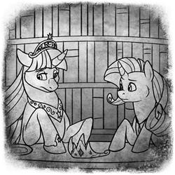 Size: 400x400 | Tagged: safe, artist:arcticwaters, imported from twibooru, rarity, twilight sparkle, alicorn, pony, unicorn, fanfic:the enchanted library, black and white, book, bookshelf, element of magic, female, grayscale, image, jewelry, mare, monochrome, necklace, png, sad, spirit, tiara, twilight sparkle (alicorn)