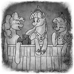 Size: 400x400 | Tagged: safe, artist:articwaters, imported from twibooru, pinkie pie, rarity, twilight sparkle, oc, oc:elara, oc:themis, alicorn, bird, earth pony, owl, pony, unicorn, fanfic:the enchanted library, black and white, book, bookshelf, eyes closed, fanfic art, grayscale, image, laughing, looking at each other, monochrome, png, sleeping, spirit, spread wings, talking, twilight sparkle (alicorn), wings