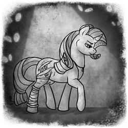 Size: 400x400 | Tagged: safe, artist:arcticwaters, imported from twibooru, rarity, unicorn, fanfic:the enchanted library, bandage, black and white, eye, eyes, fanfic art, grayscale, image, injured, monochrome, png, raised leg, scar, solo, spotlight, tired, walking