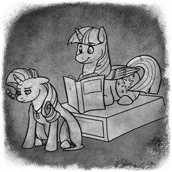Size: 400x400 | Tagged: safe, artist:arcticwaters, imported from twibooru, rarity, twilight sparkle, alicorn, unicorn, fanfic:the enchanted library, bandage, black and white, book, fanfic art, grayscale, image, injured, monochrome, png, prone, sitting, statue, tired, twilight sparkle (alicorn)