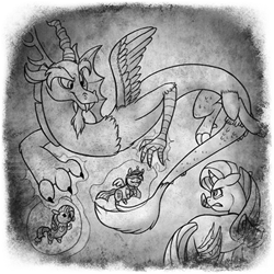 Size: 400x400 | Tagged: safe, artist:arcticwaters, imported from twibooru, discord, rarity, twilight sparkle, alicorn, draconequus, pony, unicorn, fanfic:the enchanted library, angry, black and white, female, floating, grayscale, image, injured, looking at each other, mare, monochrome, png, twilight sparkle (alicorn)