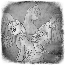 Size: 400x400 | Tagged: safe, artist:arcticwaters, imported from twibooru, twilight sparkle, alicorn, pony, unicorn, fanfic:the enchanted library, book, eyes closed, fanfic art, female, image, mare, multeity, png, reading, sad, sitting, spirit, spread wings, twilight sparkle (alicorn), unicorn twilight, wings