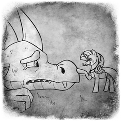 Size: 400x400 | Tagged: safe, artist:arcticwaters, imported from twibooru, rarity, spike, dragon, pony, unicorn, fanfic:the enchanted library, adult, adult spike, black and white, boop, cloak, clothes, crying, fanfic art, female, grayscale, image, jewelry, looking at each other, mare, mind link, monochrome, necklace, older, older spike, png, prone, telepathy