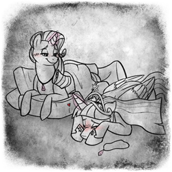 Size: 400x400 | Tagged: safe, artist:arcticwaters, imported from twibooru, rarity, twilight sparkle, alicorn, unicorn, fanfic:the enchanted library, black and white, blushing, covering, eyes closed, fanfic art, grayscale, image, jewelry, mind link, monochrome, necklace, pillow, png, prone, shipping, telepathy, twilight sparkle (alicorn)