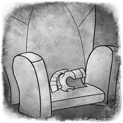 Size: 400x400 | Tagged: safe, artist:arcticwaters, imported from twibooru, fanfic:the enchanted library, black and white, fanfic art, grayscale, helmet, image, monochrome, no pony, png, throne