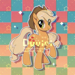 Size: 2000x2000 | Tagged: safe, artist:duvivi, imported from derpibooru, part of a set, applejack, earth pony, pony, checkered background, chromatic aberration, cute, female, jackabetes, mare, solo, stars