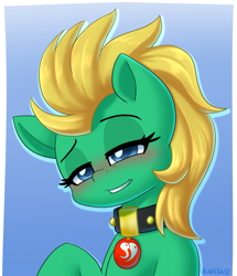 Size: 889x1035 | Tagged: safe, artist:bumpywish, imported from derpibooru, oc, oc only, oc:professor sugarcube, earth pony, pony, bedroom eyes, blushing, bust, collar, commission, digital art, female, looking at you, portrait, solo