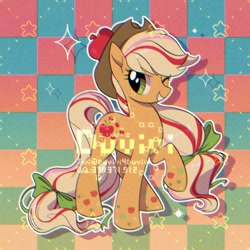 Size: 2000x2000 | Tagged: safe, alternate version, artist:duvivi, imported from derpibooru, applejack, earth pony, pony, bow, checkered background, chromatic aberration, cute, female, hair bow, high res, jackabetes, mare, one eye closed, rainbow power, smiling, solo, stars, wink