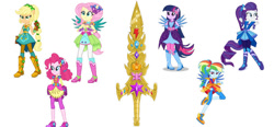 Size: 862x400 | Tagged: safe, artist:kamenriderpegasus, artist:limedazzle, artist:mixiepie, editor:amadondawn, imported from derpibooru, applejack, fluttershy, pinkie pie, rainbow dash, rarity, twilight sparkle, alicorn, equestria girls, boots, cowboy boots, crystal guardian, high heel boots, humane five, humane six, ponied up, shoes, simple background, solo, sword, twilight sparkle (alicorn), weapon, white background