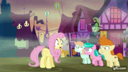 Size: 640x360 | Tagged: safe, imported from derpibooru, screencap, aquamarine, carrot top, cherry berry, fluttershy, gallop j. fry, golden harvest, peach fuzz, earth pony, pegasus, pony, scare master, season 5, ^^, animated, cartoon physics, colt, dust cloud, eyes closed, female, filly, foal, gif, gifs.com, laughing, male, mare, nightmare night, open mouth, open smile, running, scared, smiling