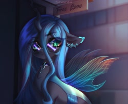Size: 2108x1723 | Tagged: safe, artist:shenki, imported from derpibooru, queen chrysalis, changeling, choker, eye clipping through hair, female, glasses, mare, solo
