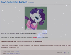 Size: 429x329 | Tagged: safe, imported from derpibooru, screencap, princess luna, rarity, alicorn, pony, unicorn, equestria daily, luna game, season 1, suited for success, 2011, angry, banned, bathrobe, clothes, night, rarity is not amused, robe, s1 luna, sethisto, stars, text, unamused, yoyo games