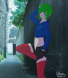 Size: 804x924 | Tagged: safe, artist:ukedideka, imported from derpibooru, oc, oc only, oc:quizzical aphre, human, arm behind head, clothes, female, frown, hand in pocket, hoodie, humanized, humanized oc, leaning, leaning on wall, looking at you, outdoors, photo, real life background, shorts, signature, socks, solo, thigh highs, tired, unbuttoned