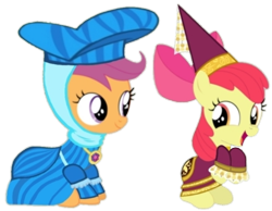 Size: 720x560 | Tagged: safe, artist:darlycatmake, edit, edited screencap, imported from derpibooru, screencap, apple bloom, scootaloo, earth pony, pegasus, pony, for whom the sweetie belle toils, amused, background removed, big smile, clothes, dress, dressup, duo, duo female, excited, female, filly, foal, getting dressed, happy, hennin, lesbian, looking at each other, looking at someone, mare, princess, princess apple bloom, princess costume, proud, school play, scootabloom, shipping, show accurate, simple background, sitting, smiling, smiling at each other, transparent background, vector
