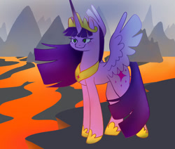 Size: 1280x1084 | Tagged: safe, artist:foxsoup, imported from derpibooru, twilight sparkle, alicorn, pony, the last problem, female, lava, mare, older, older twilight, princess twilight 2.0, smiling, smirk, smuglight sparkle, solo, spread wings, twilight sparkle (alicorn), wings