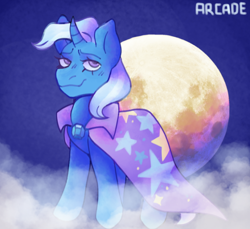 Size: 640x586 | Tagged: safe, artist:mydoomvirus, imported from derpibooru, trixie, cape, clothes, fog, lidded eyes, moon, smiling, trixie's cape