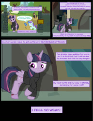 Size: 1042x1358 | Tagged: safe, artist:dendoctor, imported from derpibooru, doctor whooves, liza doolots, mean twilight sparkle, petunia, time turner, tootsie flute, twilight sparkle, alicorn, earth pony, pony, unicorn, comic:clone.., 93, alley, alternate universe, clone, clothes, comic, dumpster, female, filly, foal, glowing, glowing horn, horn, injured, magic, park bench, telekinesis, trash can, tree, twilight sparkle (alicorn)