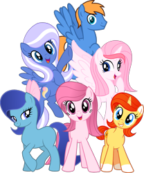 Size: 1615x1943 | Tagged: safe, artist:tanahgrogot, imported from derpibooru, oc, oc only, oc:annisa trihapsari, oc:bluelight, oc:rozyfly, oc:starnight, oc:strawberries, oc:sunflower, alicorn, earth pony, pegasus, pony, unicorn, series:the legend of tenderheart, alicorn oc, base used, bow, earth pony oc, female, grin, gritted teeth, group, hair bow, happy, horn, looking at you, male, mare, medibang paint, open mouth, pegasus oc, simple background, smiling, smiling at you, stallion, transparent background, unicorn oc, wings