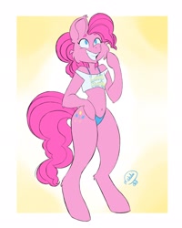 Size: 1638x2048 | Tagged: safe, artist:mealwhorm, imported from derpibooru, pinkie pie, anthro, earth pony, unguligrade anthro, arm hooves, belly button, blue underwear, bra, breasts, cheek fluff, clothes, delicious flat chest, female, grin, panties, short shirt, signature, simple background, smiling, solo, underwear