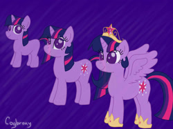 Size: 2592x1936 | Tagged: safe, artist:thebrokencog, imported from derpibooru, twilight sparkle, alicorn, unicorn, age progression, big crown thingy, element of magic, female, filly, filly twilight sparkle, jewelry, regalia, self paradox, self ponidox, simple background, solo, twilight sparkle (alicorn), unicorn twilight, younger