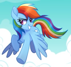 Size: 923x871 | Tagged: safe, artist:oddysies, imported from derpibooru, rainbow dash, pegasus, pony, cloud, female, flying, grin, mare, sky, smiling, solo, spread wings, wings