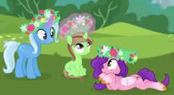 Size: 1920x1055 | Tagged: safe, artist:grapefruit-face, imported from derpibooru, pipp petals, trixie, oc, oc:limey lulamoon, pegasus, pony, unicorn, base used, female, floral head wreath, flower, g5, hooves on cheeks, horn, lying down, magic, magic aura, mother and child, mother and daughter, outdoors, park, show accurate, unicorn oc