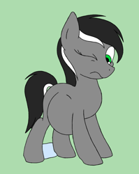 Size: 1252x1576 | Tagged: safe, artist:warrior_stew, imported from derpibooru, oc, oc only, oc:renai, earth pony, pony, :s, earth pony oc, female, full body, green background, hooves, imminent birth, labor, mare, one eye closed, pregnant, simple background, standing, tail, two toned mane, two toned tail, waterbreak, wavy mouth