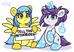 Size: 3904x2737 | Tagged: safe, artist:duckie, artist:partylikeanartist, imported from derpibooru, oc, oc only, oc:bubble "duckie" bath, oc:indigo wire, pegasus, pony, unicorn, angry, duo, eye clipping through hair, eyebrows, eyebrows visible through hair, gradient hooves, hand, hooves, looking at you, magic, magic hands, middle finger, ponytail, sign, simple background, sitting, vent art, vulgar, white background