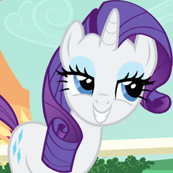 Size: 666x666 | Tagged: safe, edit, edited screencap, imported from derpibooru, screencap, rarity, pony, unicorn, season 1, the best night ever, creepy, cropped, day, female, grin, lidded eyes, mare, outdoors, purple coiffure, scary, smiling, solo