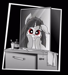 Size: 1957x2160 | Tagged: artist needed, safe, imported from derpibooru, oc, oc only, pony, unicorn, grayscale, mirror, monochrome, one ear down, partial color, solo