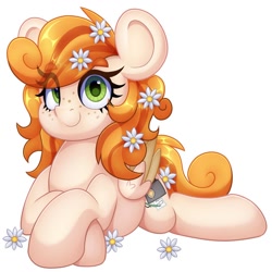 Size: 894x894 | Tagged: safe, artist:partylikeanartist, imported from derpibooru, oc, oc only, oc:megan rouge, earth pony, pony, eye clipping through hair, flower, flower in hair, freckles, looking at you, lying down, prone, simple background, smiling, solo, white background