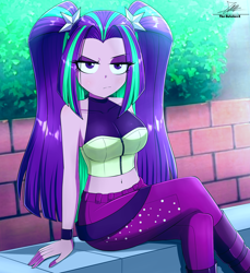 Size: 2680x2929 | Tagged: safe, artist:the-butch-x, imported from derpibooru, aria blaze, equestria girls, annoyed, bare shoulders, belly button, breasts, bush, clothes, crossed legs, eye clipping through hair, eyebrows, eyebrows visible through hair, female, frown, high res, lidded eyes, midriff, pigtails, resting bitch face, sitting, sleeveless, solo, twintails, wall