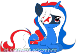 Size: 1280x946 | Tagged: safe, artist:jxst-bleo, imported from derpibooru, pony, unicorn, crying, eyepatch, female, mare, nation ponies, north korea, north korean flag, obtrusive watermark, ponified, red eyes, simple background, solo, teary eyes, transparent background, watermark