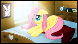 Size: 1920x1080 | Tagged: safe, artist:gign-3208, imported from derpibooru, fluttershy, pegasus, pony, alarm clock, bed, book, clock, solo, window