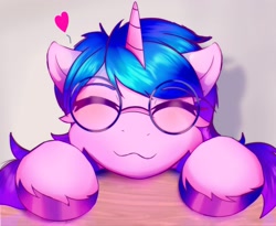 Size: 3030x2490 | Tagged: safe, artist:legionsunite, imported from derpibooru, izzy moonbow, pony, unicorn, blushing, bust, cheek fluff, cute, eyes closed, female, g5, glasses, head on table, heart, hooves on the table, izzybetes, mare, my little pony: a new generation, portrait, table, unshorn fetlocks, uwu