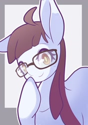 Size: 1191x1684 | Tagged: safe, artist:sc_kis_rko, imported from derpibooru, oc, oc only, oc:nanashi-chan, pony, bust, cute, female, glasses, gray background, looking at you, mare, simple background, smiling, smiling at you, solo