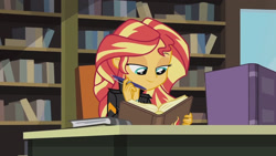 Size: 3410x1920 | Tagged: safe, imported from derpibooru, screencap, sunset shimmer, equestria girls, friendship games, book, clothes, female, jacket, leather, leather jacket, library, smiling, solo