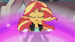 Size: 3410x1920 | Tagged: safe, imported from derpibooru, screencap, sunset shimmer, equestria girls, friendship games, canterlot high, clothes, eyes closed, female, jacket, leather, leather jacket, open mouth, solo