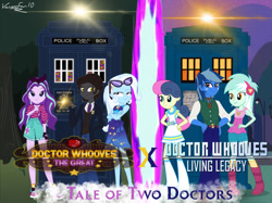 Size: 1280x955 | Tagged: safe, artist:sacrifice02, artist:vanossfan10, imported from derpibooru, bon bon, doctor whooves, lyra heartstrings, starlight glimmer, sweetie drops, time turner, trixie, equestria girls, crossover, doctor who, doctor whooves the great, doctor whooves the living legacy, forest background, lamppost, portal, street background, tardis, the doctor, title, title card