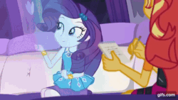 Size: 640x360 | Tagged: safe, imported from derpibooru, screencap, rarity, sunset shimmer, driving miss shimmer, equestria girls, equestria girls series, animated, belt, bracelet, clothes, cute, dancity, driving miss shimmer: rarity, duo, duo female, eyeshadow, female, frilly design, geode of shielding, gif, gifs.com, gold, hairpin, jewelry, leather, leather vest, magical geodes, makeup, notepad, pencil, pencil skirt, pendant, rarara, raribetes, rarity peplum dress, skirt, sleeveless, sleeveless tank top, smiling, vest