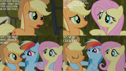 Size: 1280x720 | Tagged: safe, edit, edited screencap, editor:quoterific, imported from derpibooru, screencap, applejack, fluttershy, rainbow dash, earth pony, pegasus, pony, bats!, season 4, applejack's hat, cowboy hat, eyes closed, female, grin, hat, mare, open mouth, open smile, smiling, text, trio