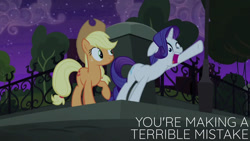 Size: 1280x720 | Tagged: safe, edit, edited screencap, editor:quoterific, imported from derpibooru, screencap, applejack, rarity, earth pony, pony, unicorn, made in manehattan, season 5, applejack's hat, cowboy hat, duo, female, hat, mare, night, open mouth, text