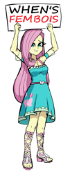 Size: 896x2216 | Tagged: safe, artist:nekojackun, imported from derpibooru, fluttershy, equestria girls, blushing, clothes, dress, fluttershy likes femboys, sign, simple background, smiling, solo, sweat, sweatdrop, white background