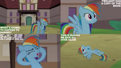 Size: 1280x720 | Tagged: safe, edit, edited screencap, editor:quoterific, imported from derpibooru, screencap, rainbow dash, pegasus, pony, read it and weep, season 2, eyes closed, female, implied twilight sparkle, mare, open mouth, ponyville hospital, smiling, solo, spread wings, text, wings