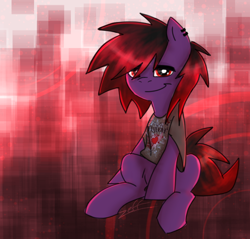Size: 822x785 | Tagged: safe, artist:zeffdakilla, imported from derpibooru, oc, oc only, oc:frankie fang, pegasus, pony, abstract background, clothes, emo, flyleaf, looking at you, piercing, purple, red eyes, shirt, sitting, smiling, solo