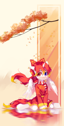 Size: 1600x3144 | Tagged: safe, artist:twinkling, imported from derpibooru, oc, oc only, oc:sovietnona, alicorn, semi-anthro, abstract background, bow, clothes, hair bow, heterochromia, sitting, smiling, solo