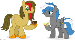 Size: 3364x1783 | Tagged: safe, artist:suramii, imported from derpibooru, oc, oc only, oc:cloud zapper, oc:vector, earth pony, pegasus, pony, cake, food, male, simple background, stallion, transparent background