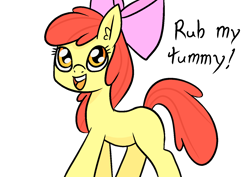 Size: 1414x1000 | Tagged: safe, artist:happy harvey, imported from derpibooru, apple bloom, earth pony, pony, belly, bellyrub request, blank flank, bow, cute, dialogue, ear fluff, female, filly, foal, hair bow, looking up, open mouth, orange eyes, phone drawing, red hair, red tail, simple background, solo, tail, transparent background, yellow fur