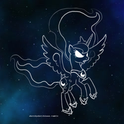 Size: 750x750 | Tagged: safe, artist:rlynn-art, imported from derpibooru, princess luna, alicorn, pony, eyelashes, female, hoof shoes, mare, peytral, solo, space, stars, white eyes